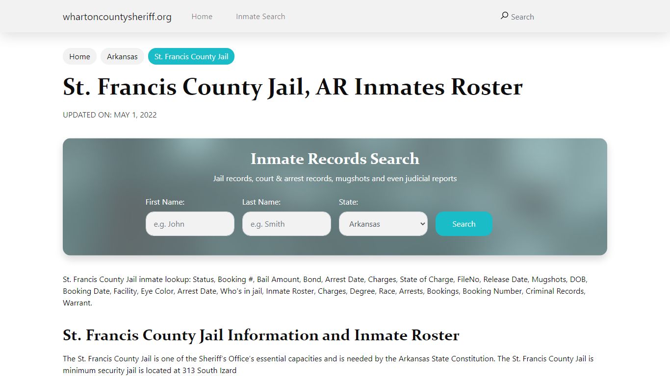 St. Francis County Jail, AR Jail Roster, Name Search